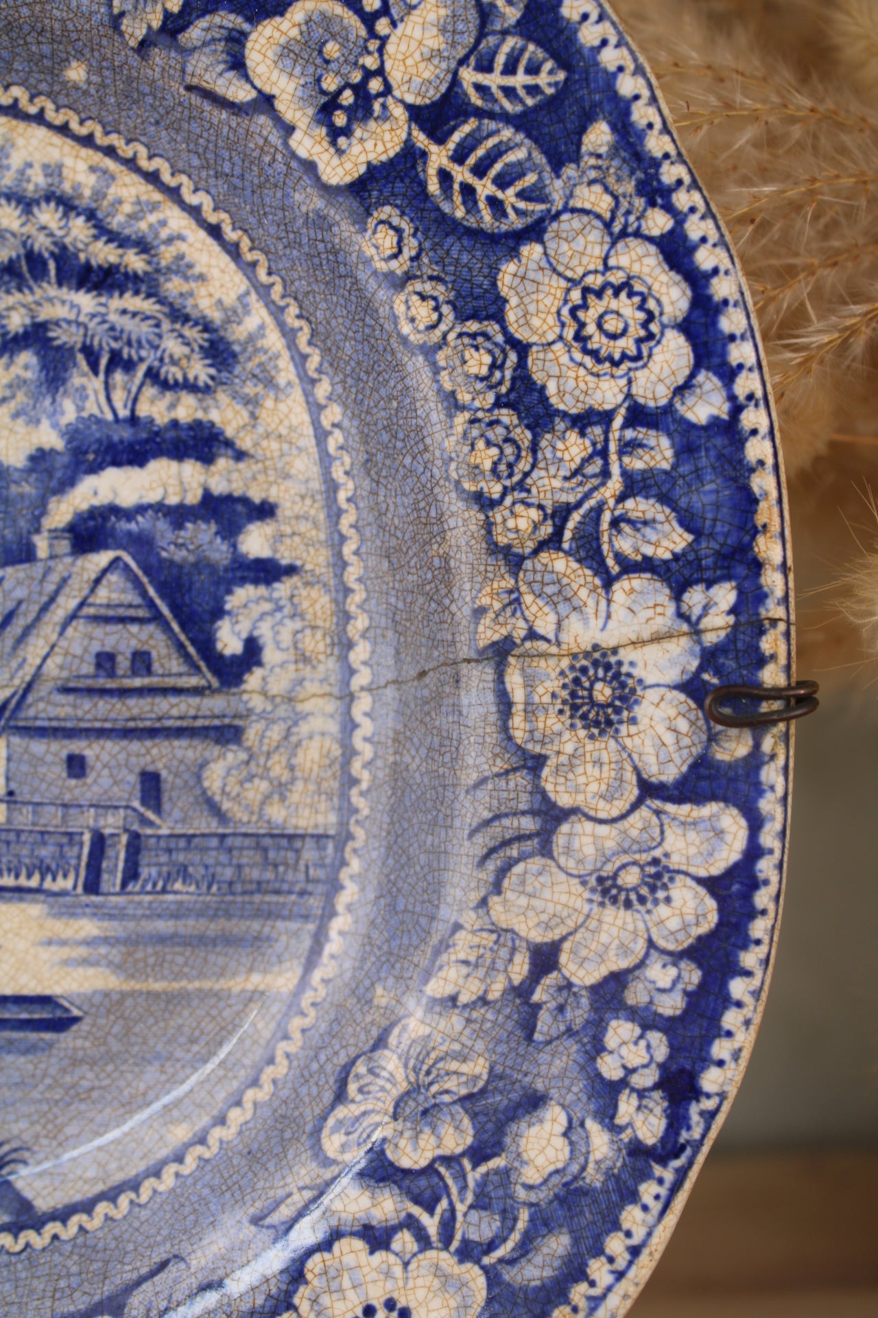 19th Century Blue and White Platter with Hanging Holder