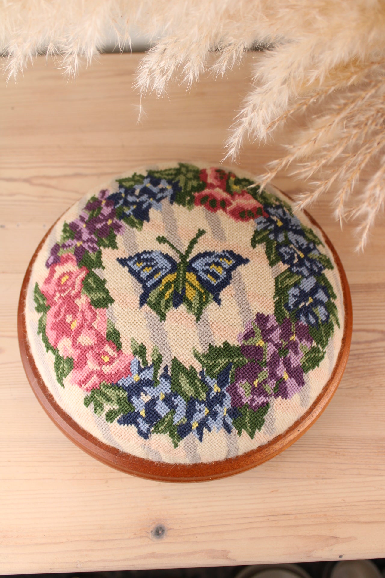 Needlepoint Vintage Flower Footstall