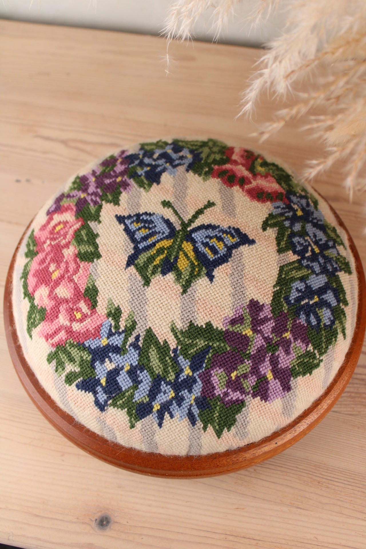 Needlepoint Vintage Flower Footstall