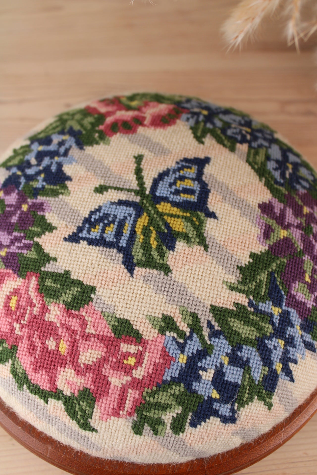 Needlepoint Vintage Flower Footstall