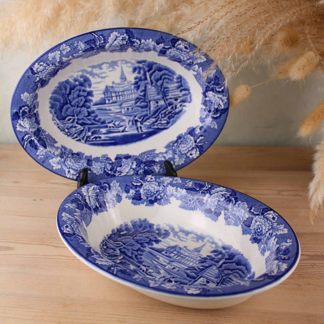 Set of 2 Enoch Woods Blue and White Serving Bowls