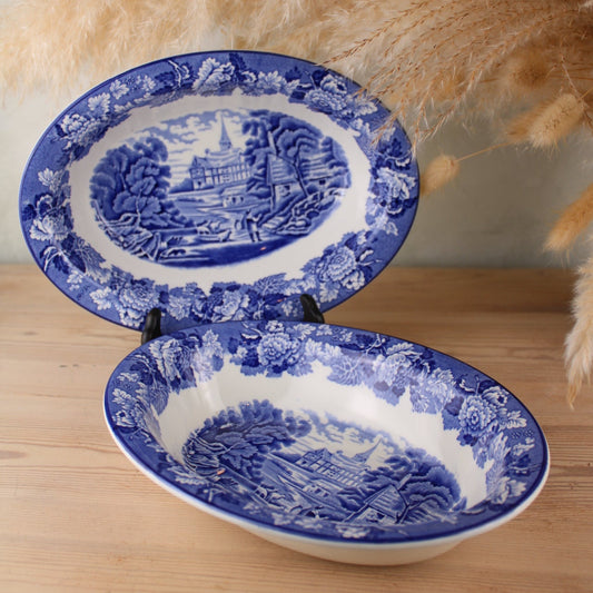 Set of 2 Enoch Woods Blue and White Serving Bowls