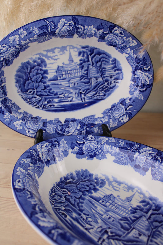 Set of 2 Enoch Woods Blue and White Serving Bowls