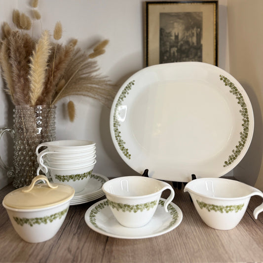 Corelle Corningware Spring Blossom by Pyrex Tea Set, 6 Teacups and Saucers, Milk Jug, Sugar Pot and Platter