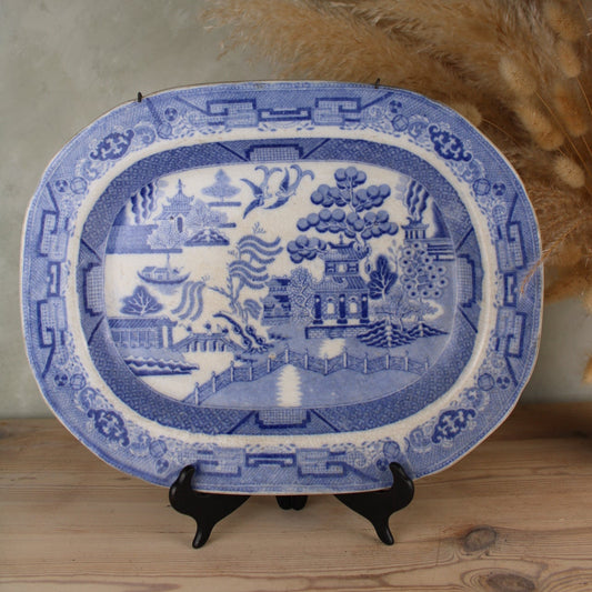 Flow Blue Old Willow Large Platter with Holder