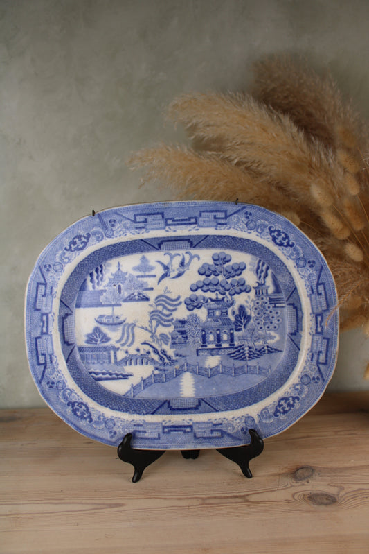 Flow Blue Old Willow Large Platter with Holder