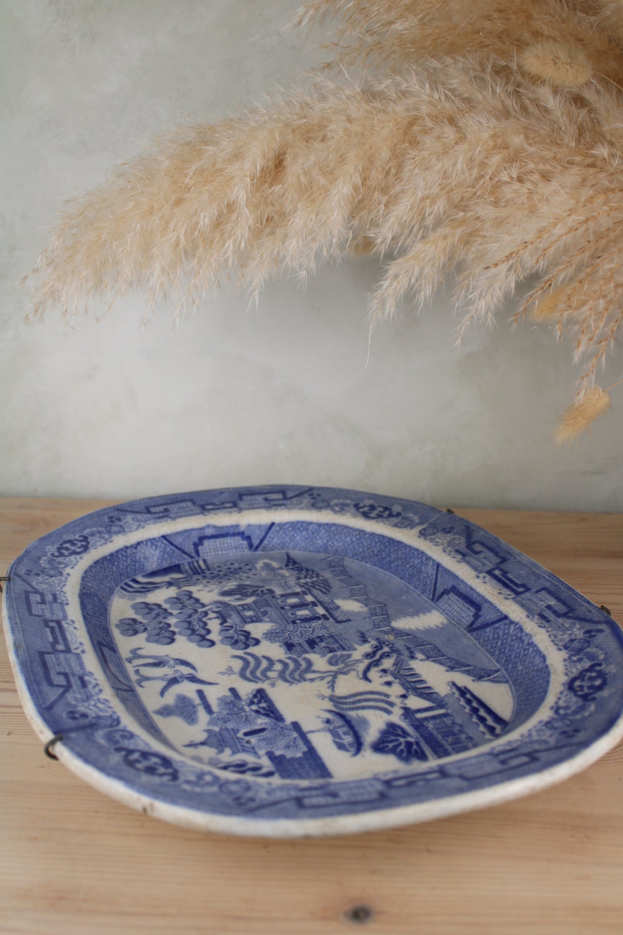 Flow Blue Old Willow Large Platter with Holder