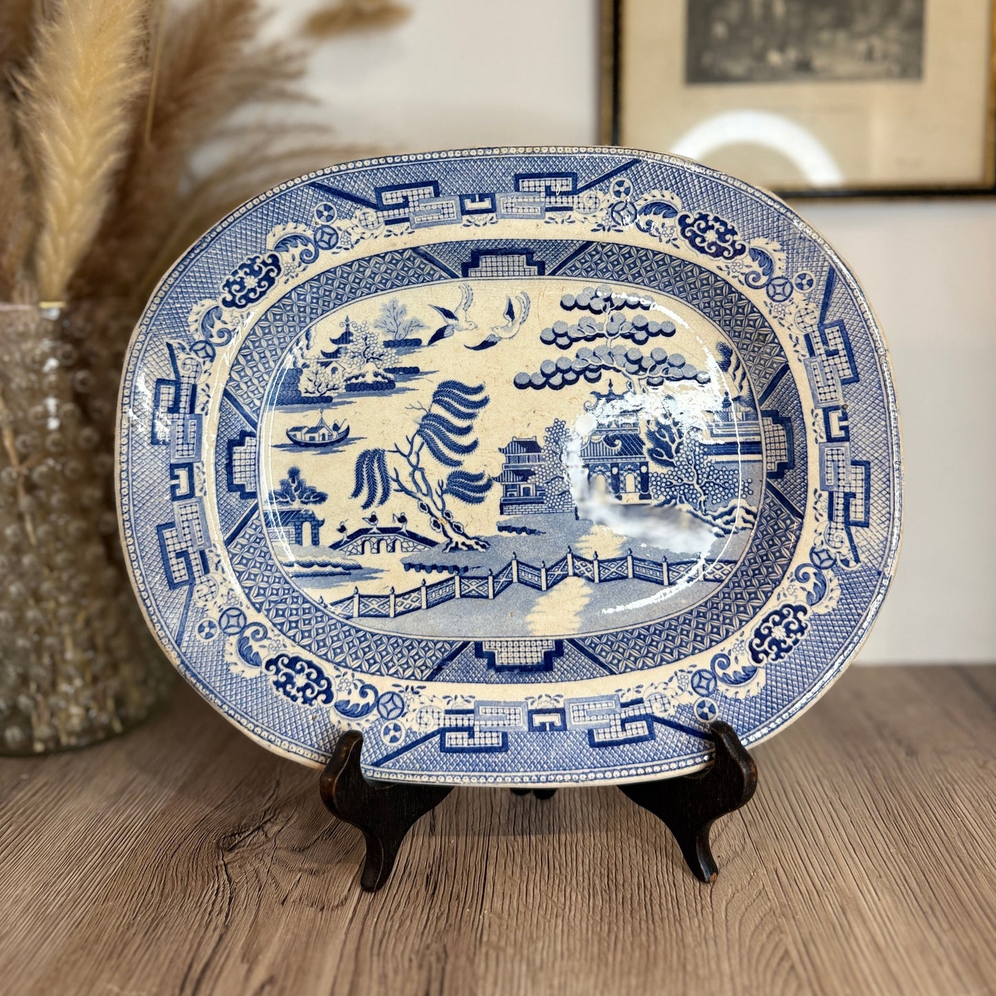 Small Blue and White Old Willow Design Vintage Platter