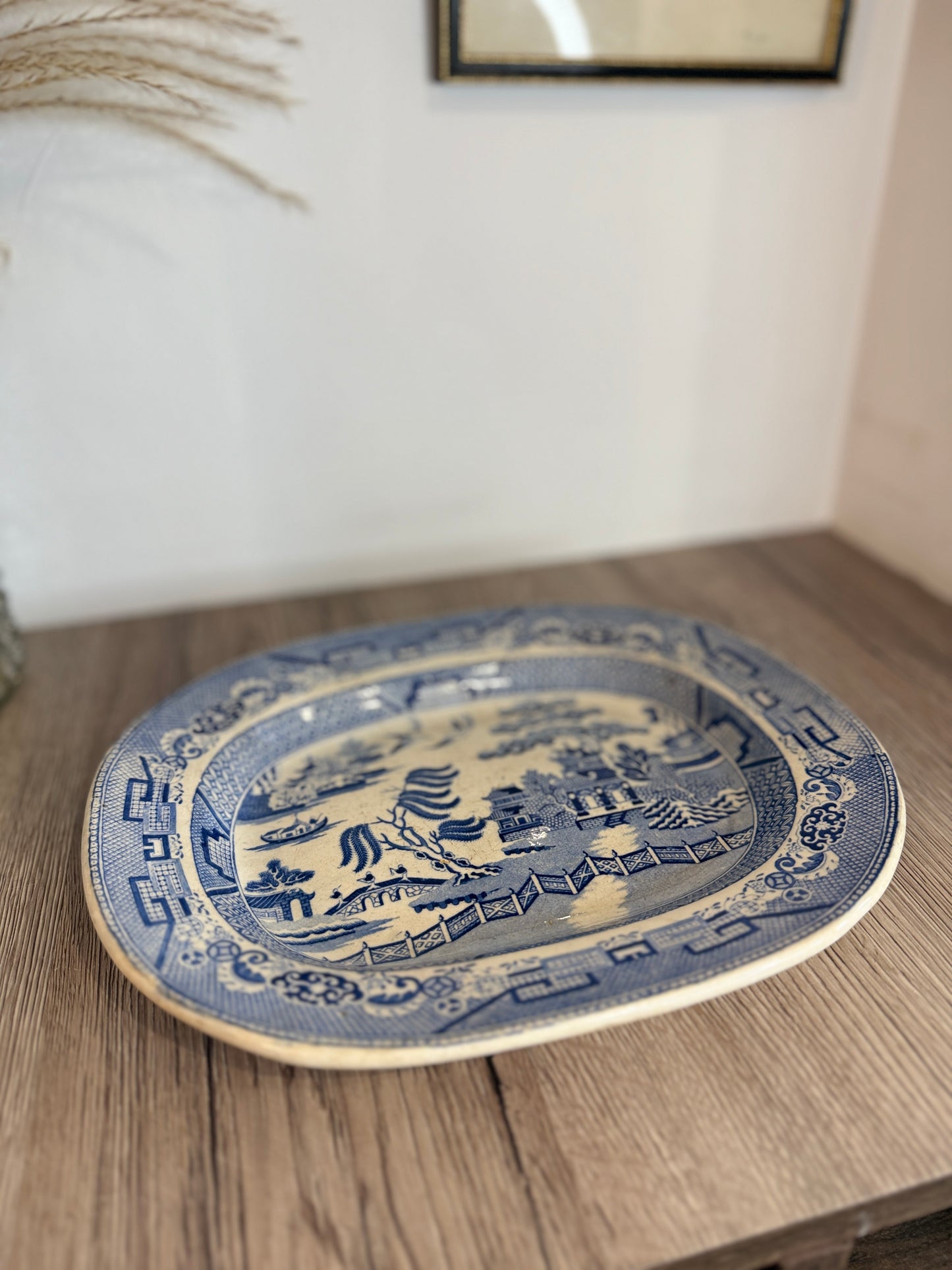 Small Blue and White Old Willow Design Vintage Platter