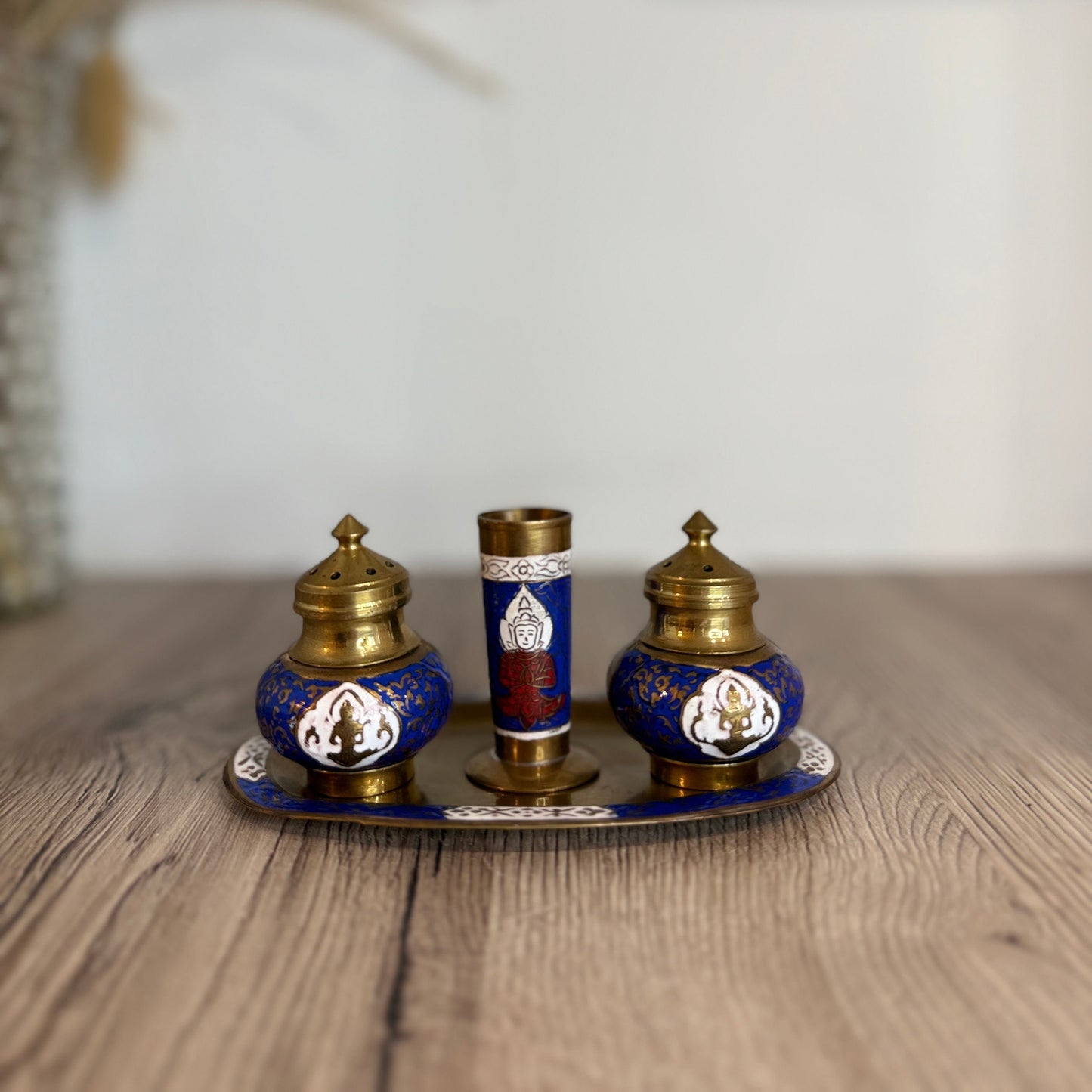 Brass and Enamel Indian Style Salt Pot and Tray