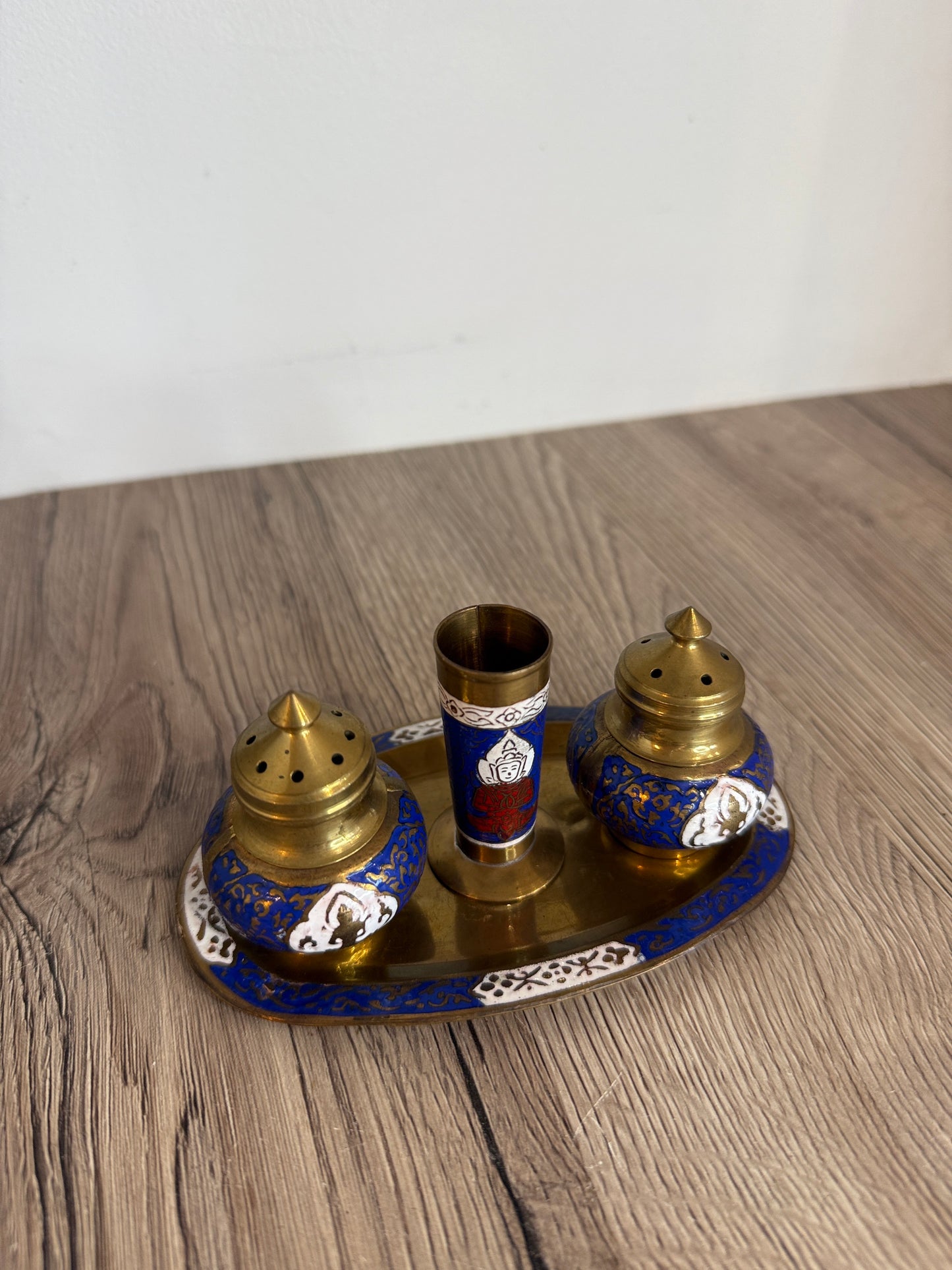 Brass and Enamel Indian Style Salt Pot and Tray