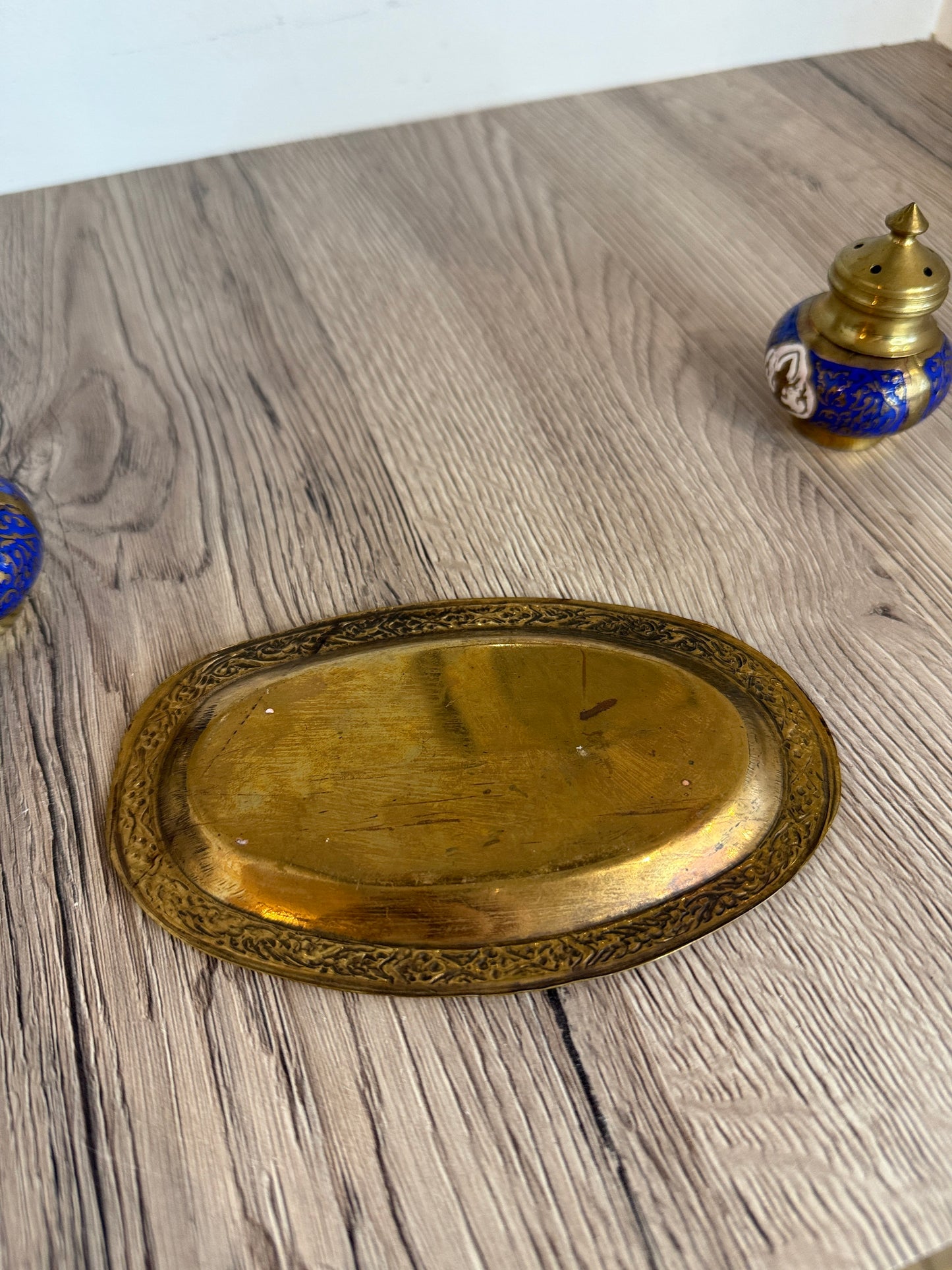 Brass and Enamel Indian Style Salt Pot and Tray