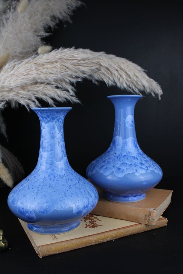 Cornflower Blue Chinese Yuhuchunping Vases with Crystalline Glaze 1970s