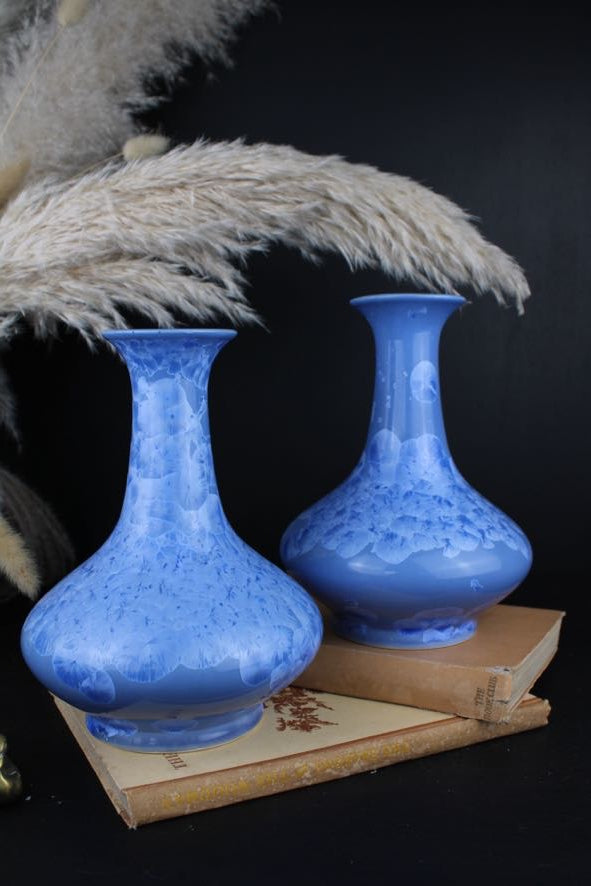 Cornflower Blue Chinese Yuhuchunping Vases with Crystalline Glaze 1970s