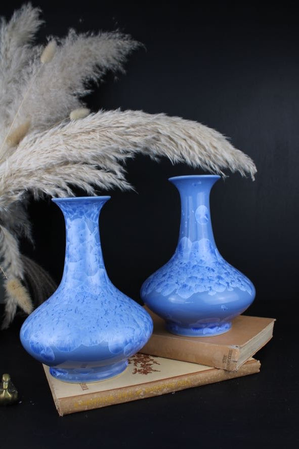 Cornflower Blue Chinese Yuhuchunping Vases with Crystalline Glaze 1970s