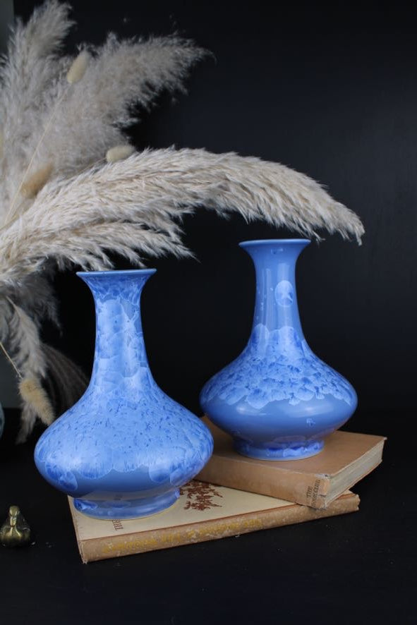 Cornflower Blue Chinese Yuhuchunping Vases with Crystalline Glaze 1970s