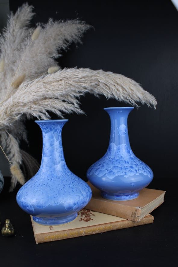Cornflower Blue Chinese Yuhuchunping Vases with Crystalline Glaze 1970s