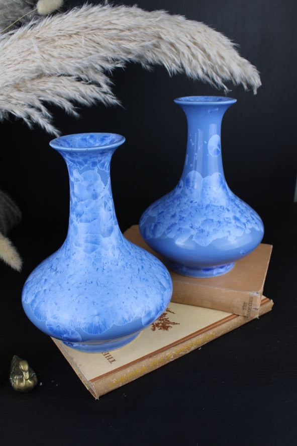 Cornflower Blue Chinese Yuhuchunping Vases with Crystalline Glaze 1970s