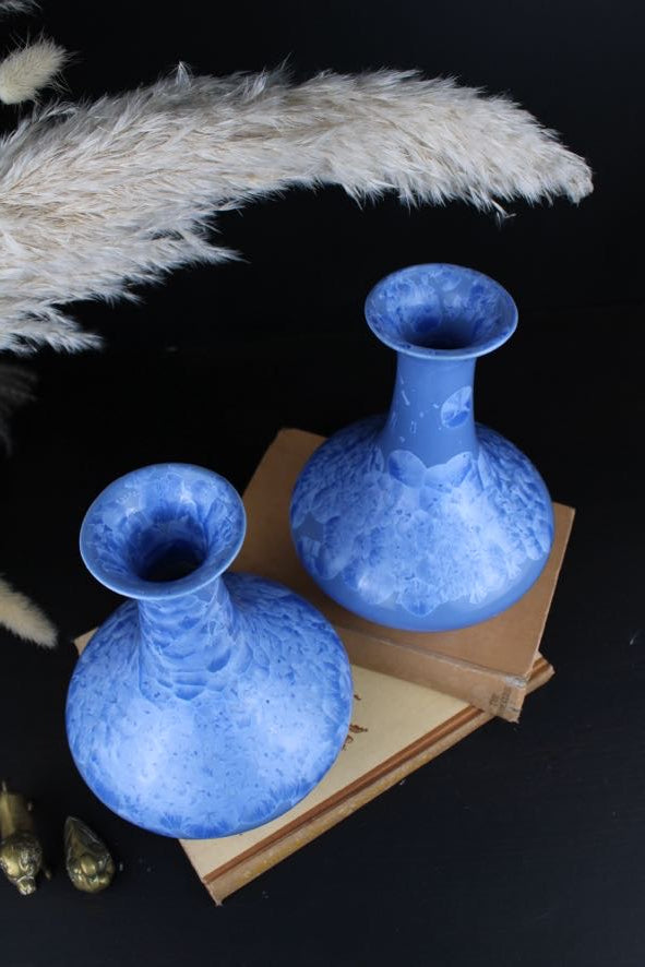 Cornflower Blue Chinese Yuhuchunping Vases with Crystalline Glaze 1970s