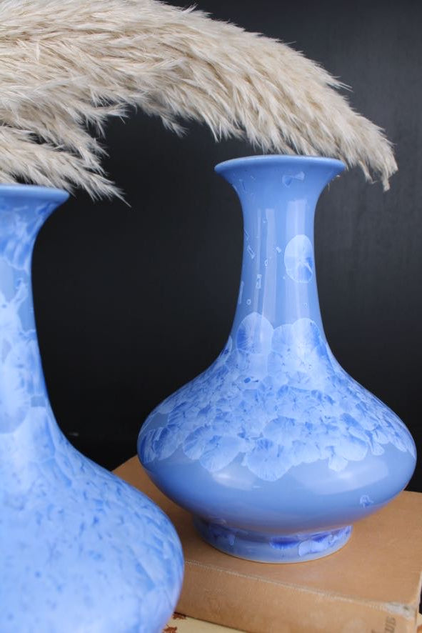 Cornflower Blue Chinese Yuhuchunping Vases with Crystalline Glaze 1970s