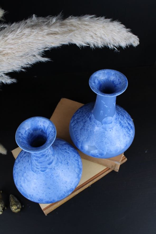 Cornflower Blue Chinese Yuhuchunping Vases with Crystalline Glaze 1970s