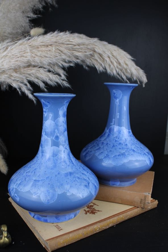 Cornflower Blue Chinese Yuhuchunping Vases with Crystalline Glaze 1970s