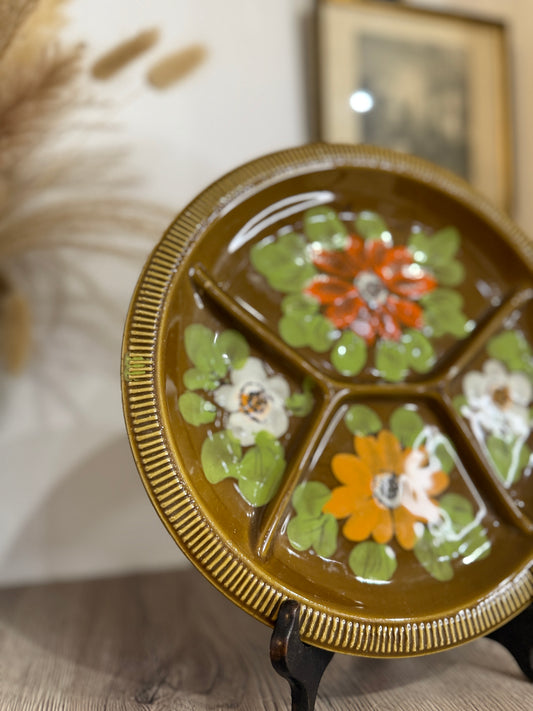 Retro Brown and Green Floral Sectioned Serving Platter