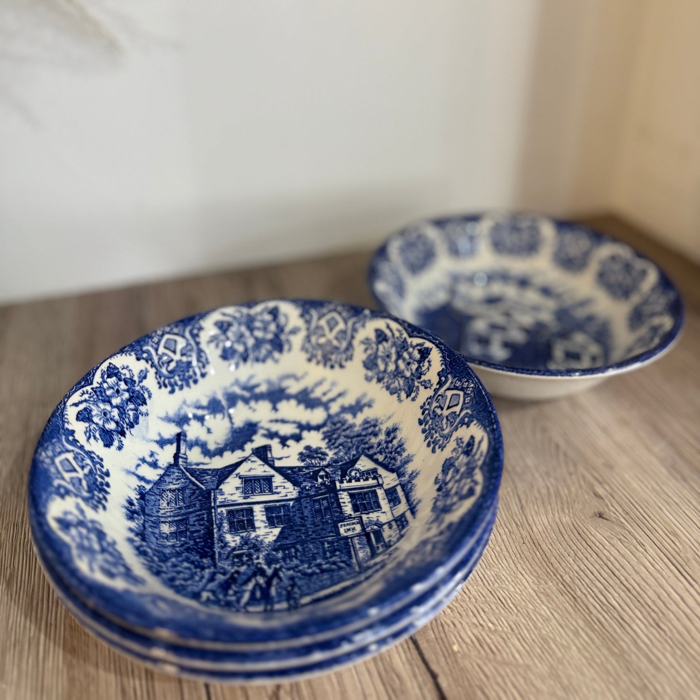 Set of 4 Ironstone Old Inns Series Blue and White Bowls