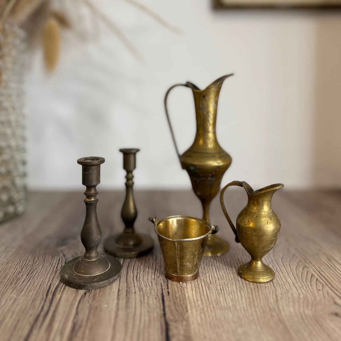 Collection of Miniature Brass Jugs, Ewers, Bucket and Candlesticks
