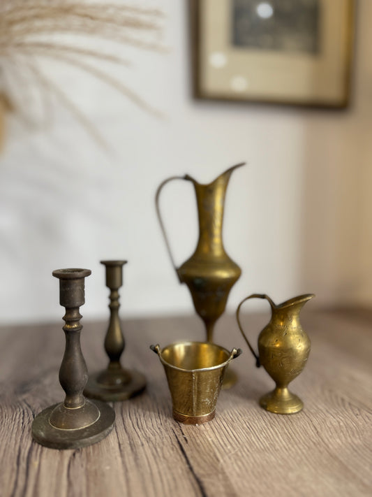 Collection of Miniature Brass Jugs, Ewers, Bucket and Candlesticks