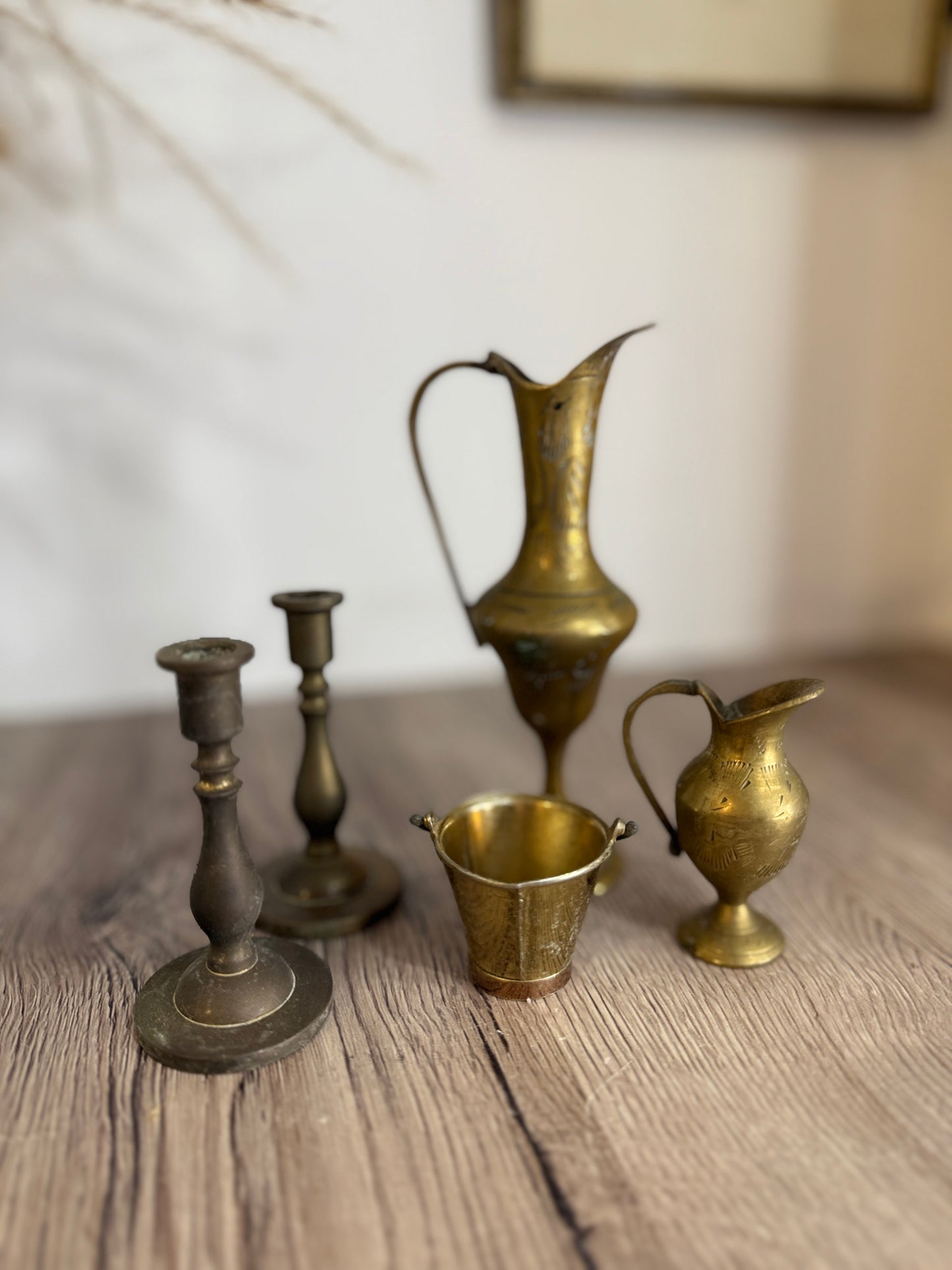Collection of Miniature Brass Jugs, Ewers, Bucket and Candlesticks