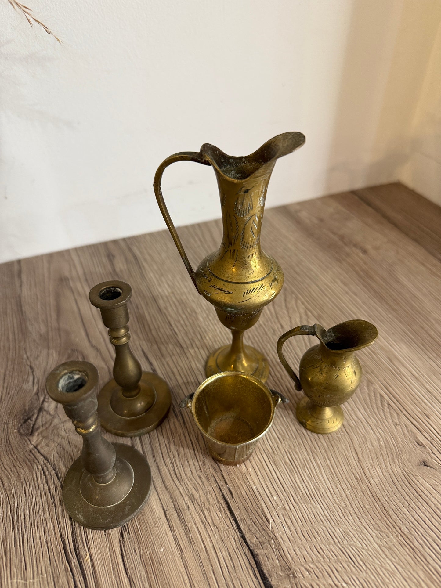 Collection of Miniature Brass Jugs, Ewers, Bucket and Candlesticks