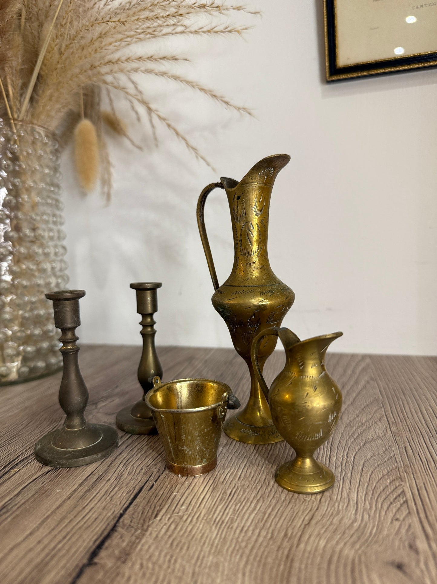 Collection of Miniature Brass Jugs, Ewers, Bucket and Candlesticks