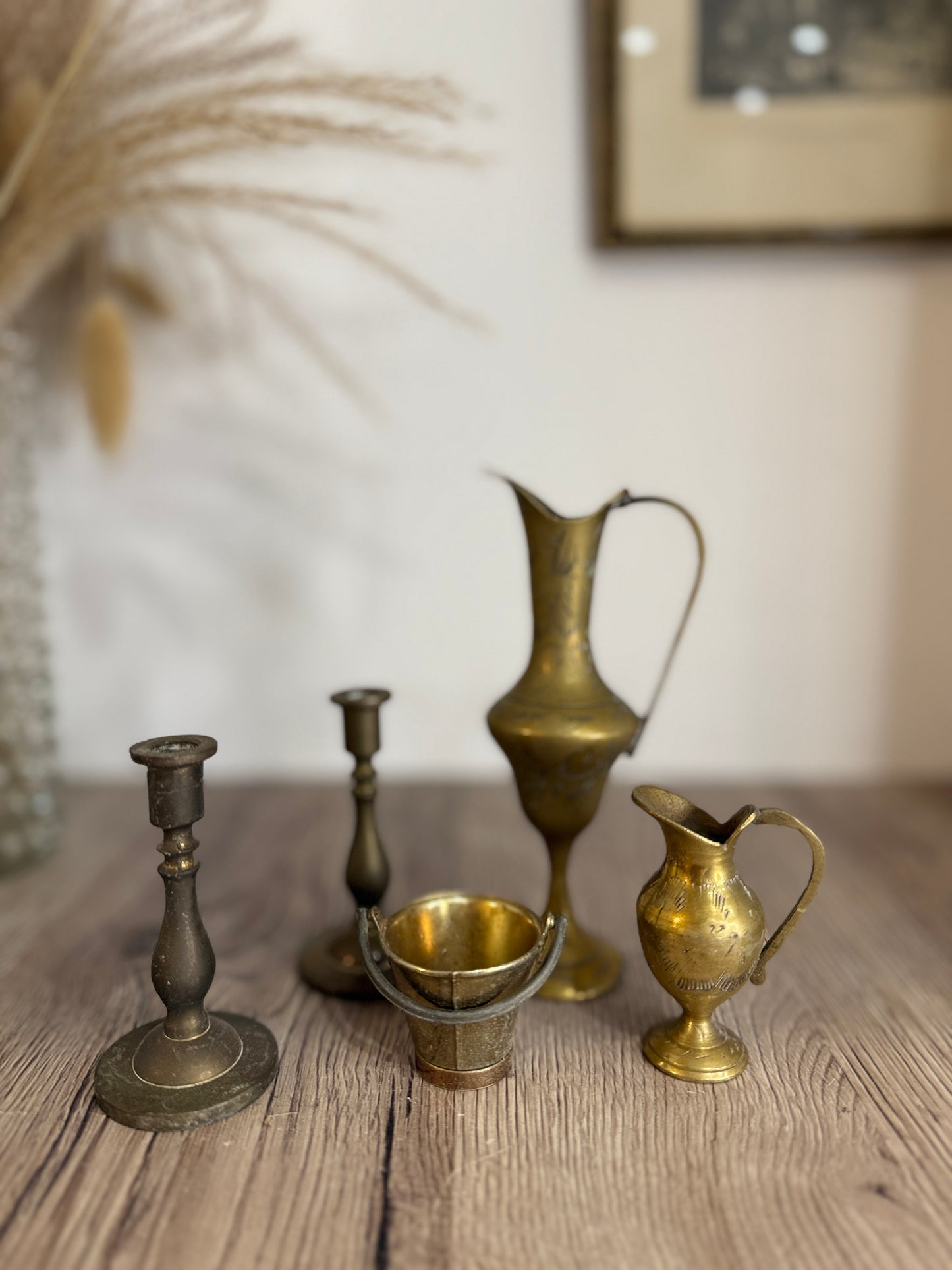 Collection of Miniature Brass Jugs, Ewers, Bucket and Candlesticks