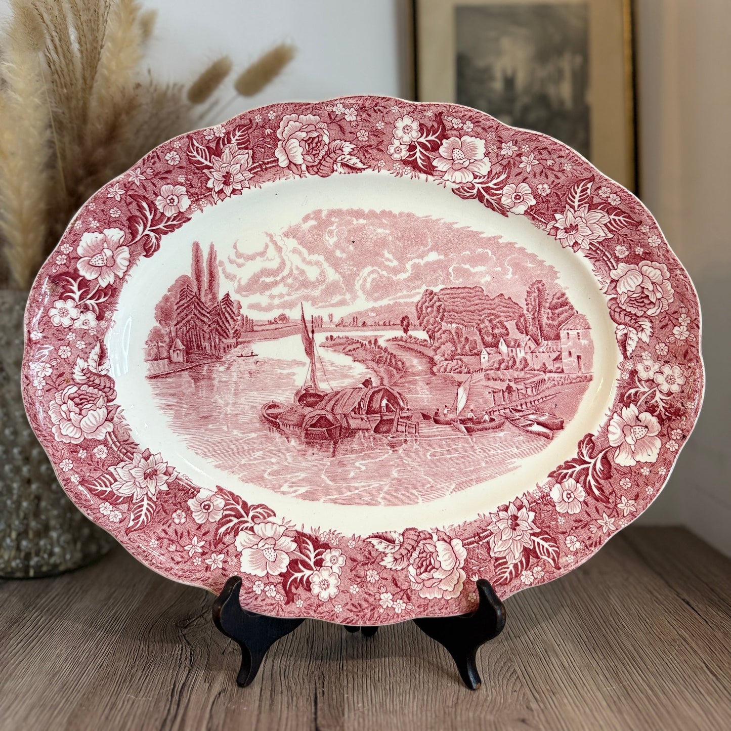 Pink and White Old Willow Style Vintage Platter