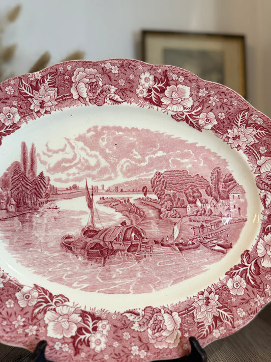 Pink and White Old Willow Style Vintage Platter