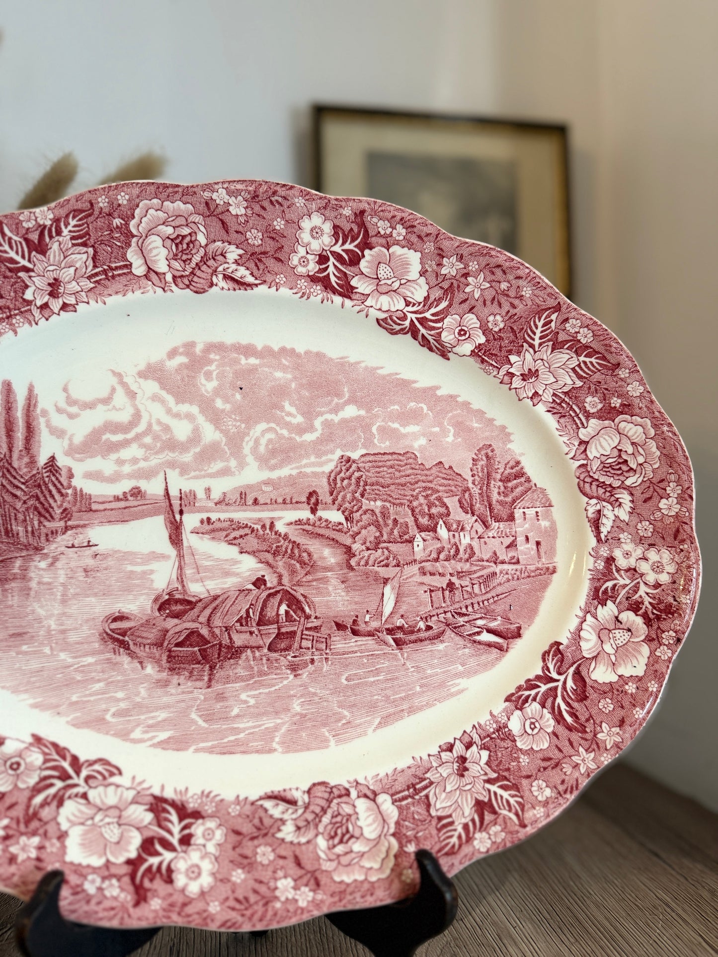 Pink and White Old Willow Style Vintage Platter