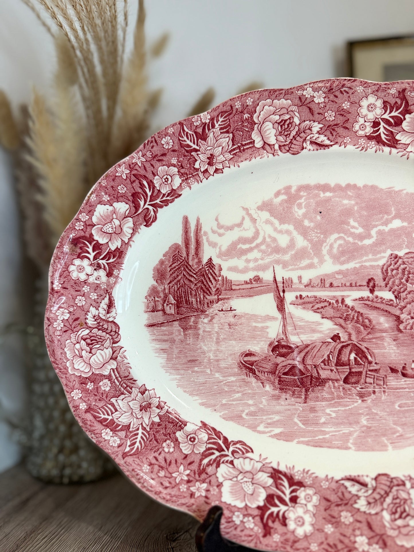 Pink and White Old Willow Style Vintage Platter