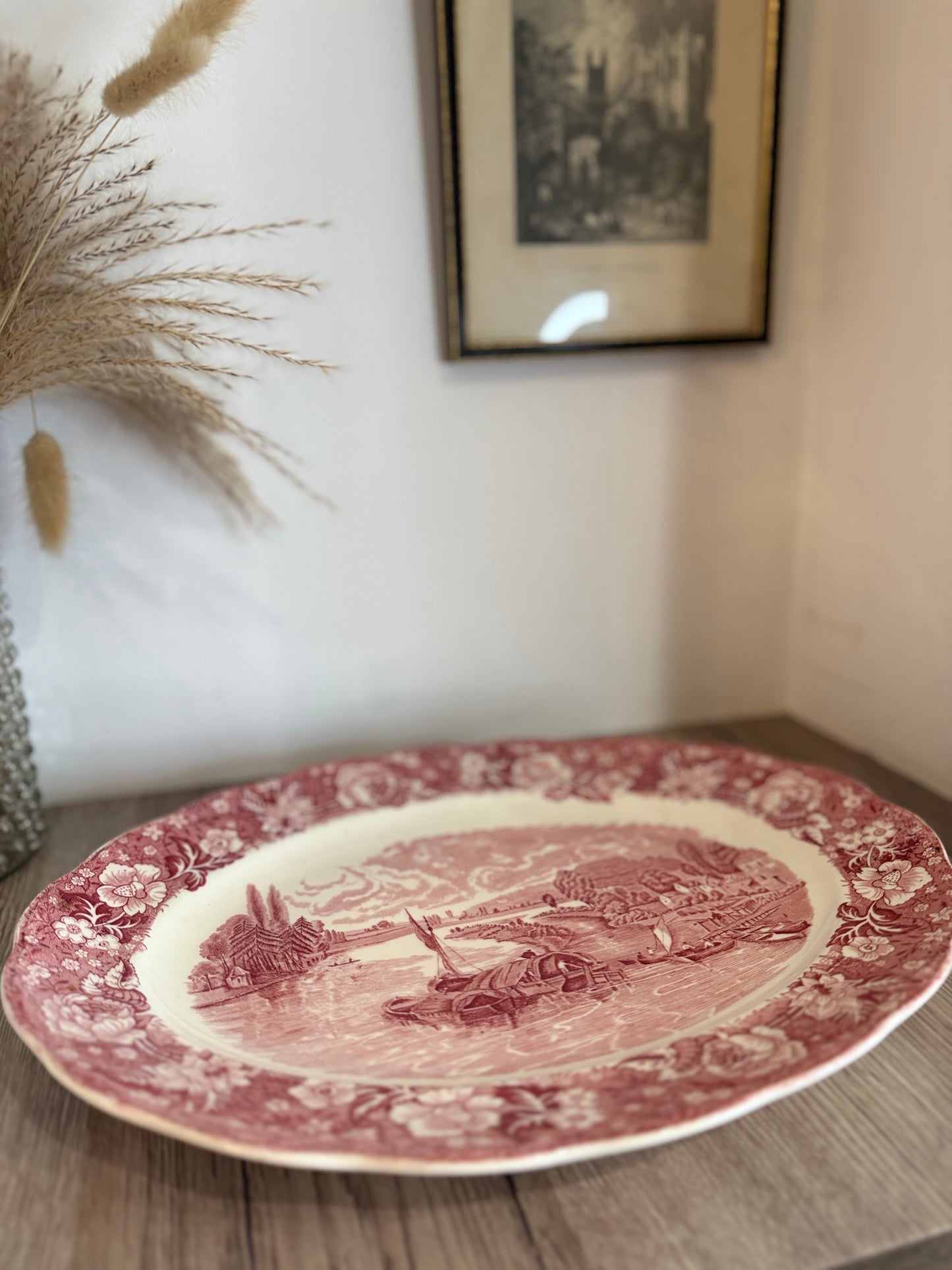 Pink and White Old Willow Style Vintage Platter