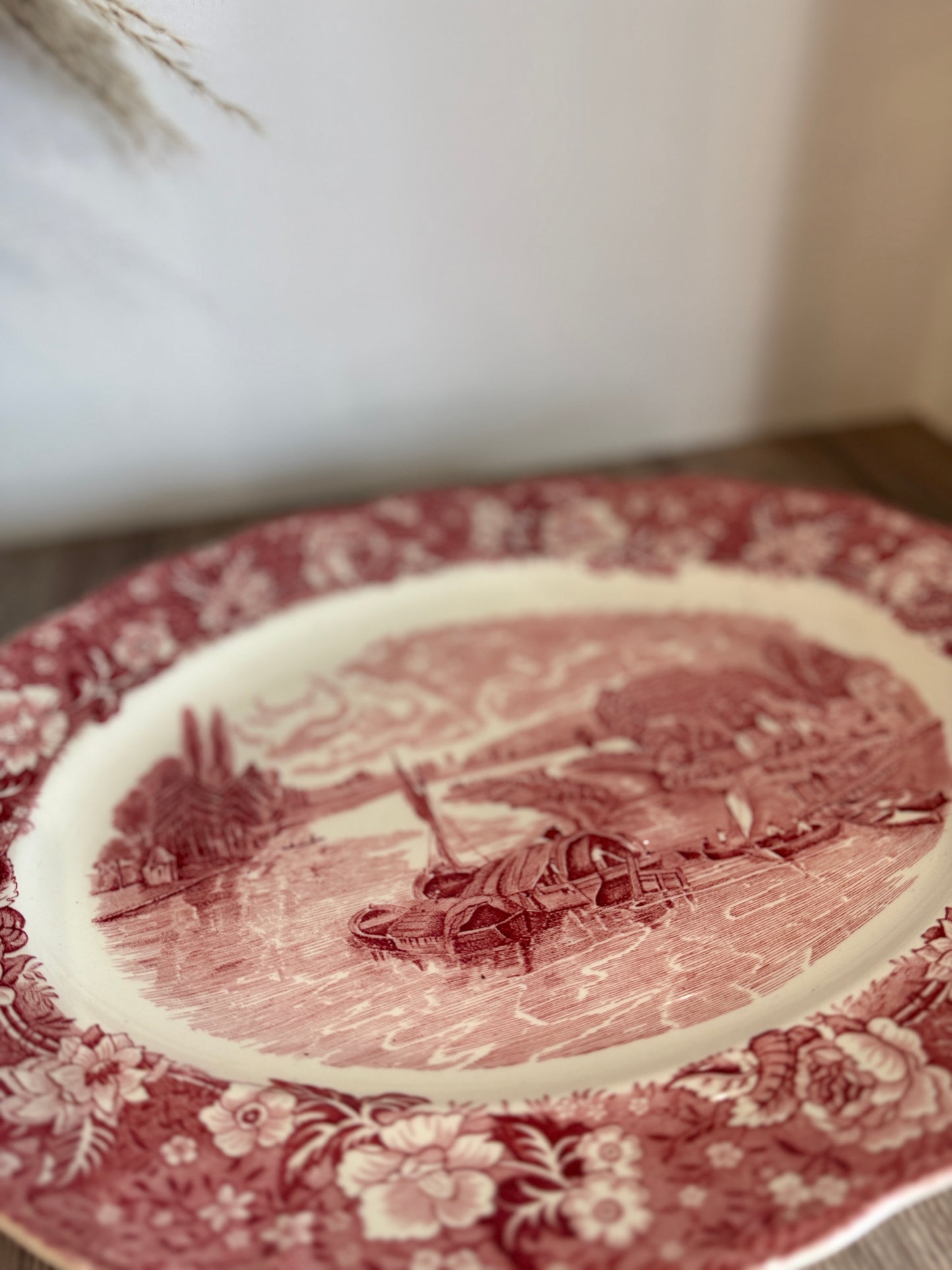 Pink and White Old Willow Style Vintage Platter