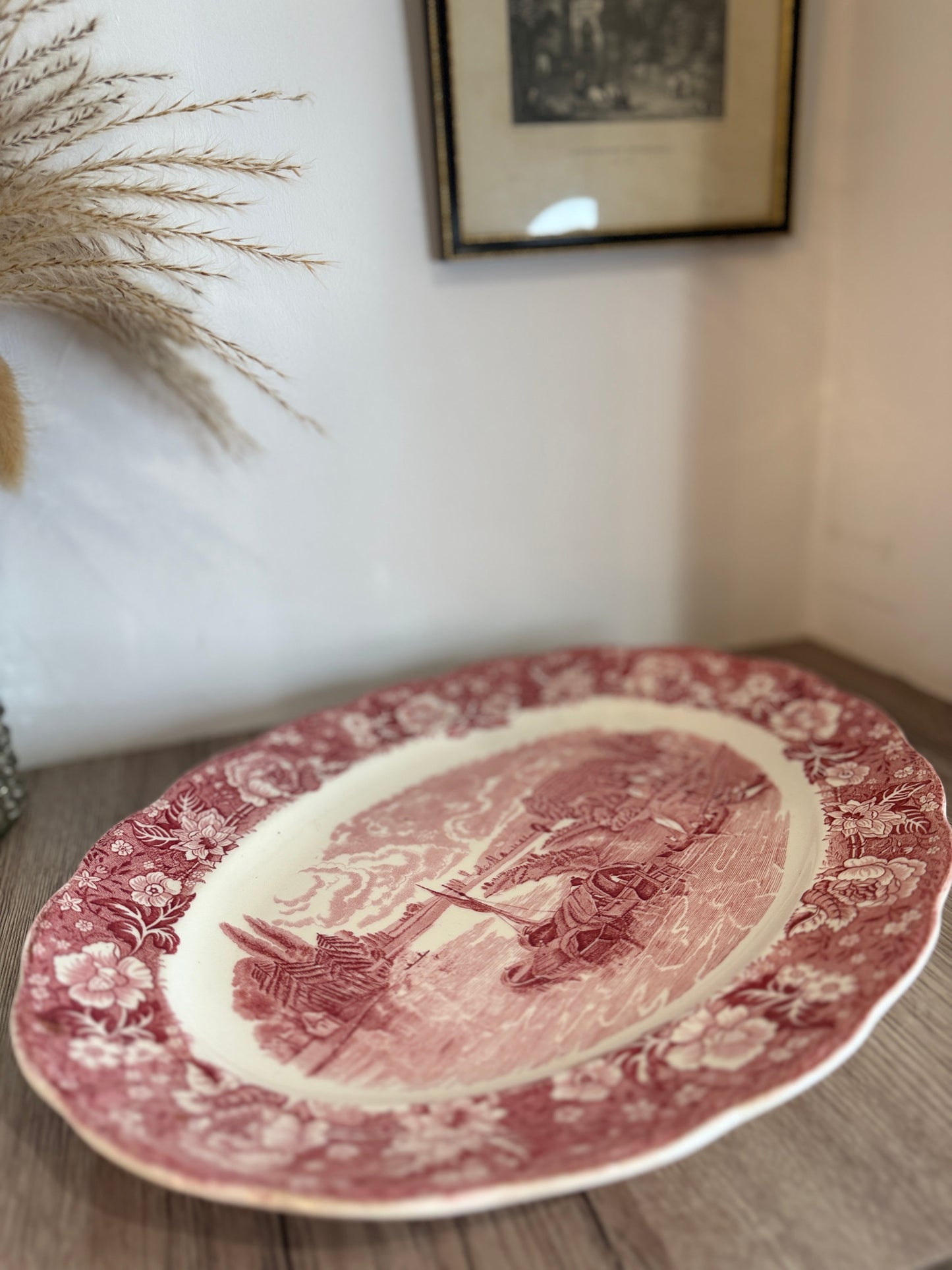 Pink and White Old Willow Style Vintage Platter