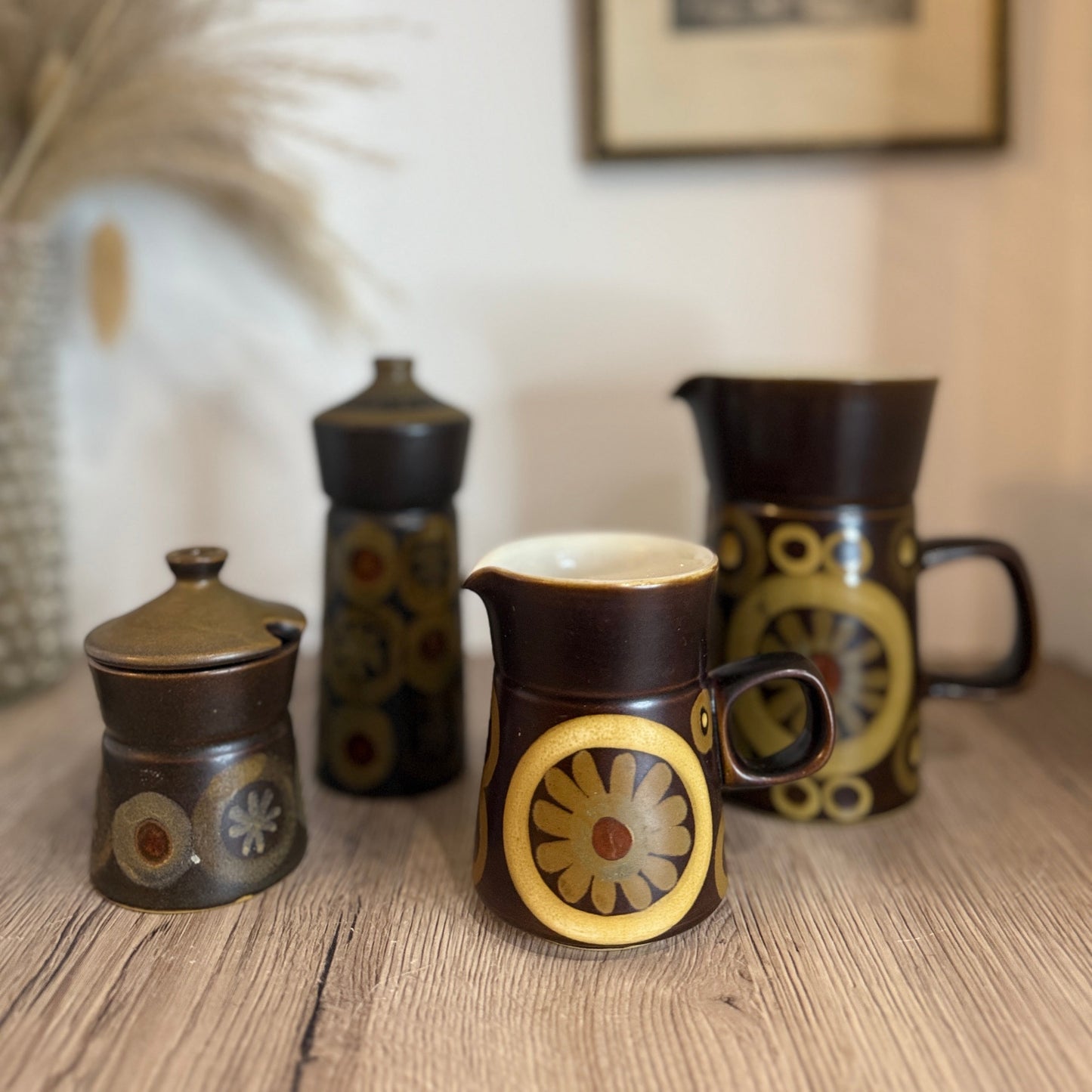 Set of 4 Denby Brown Flower Retro Jugs, Pot and Shaker