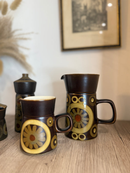 Set of 4 Denby Brown Flower Retro Jugs, Pot and Shaker