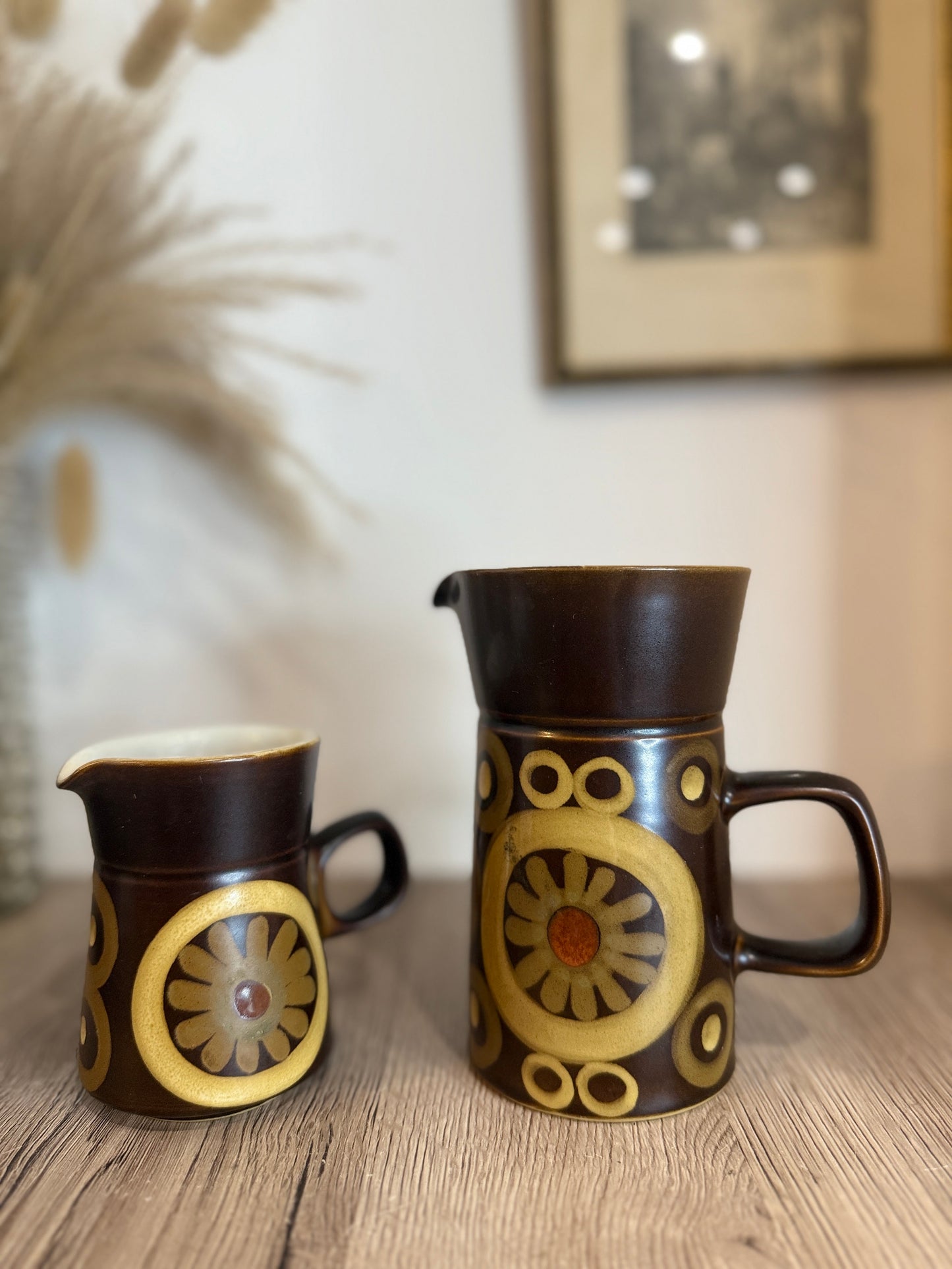 Set of 4 Denby Brown Flower Retro Jugs, Pot and Shaker