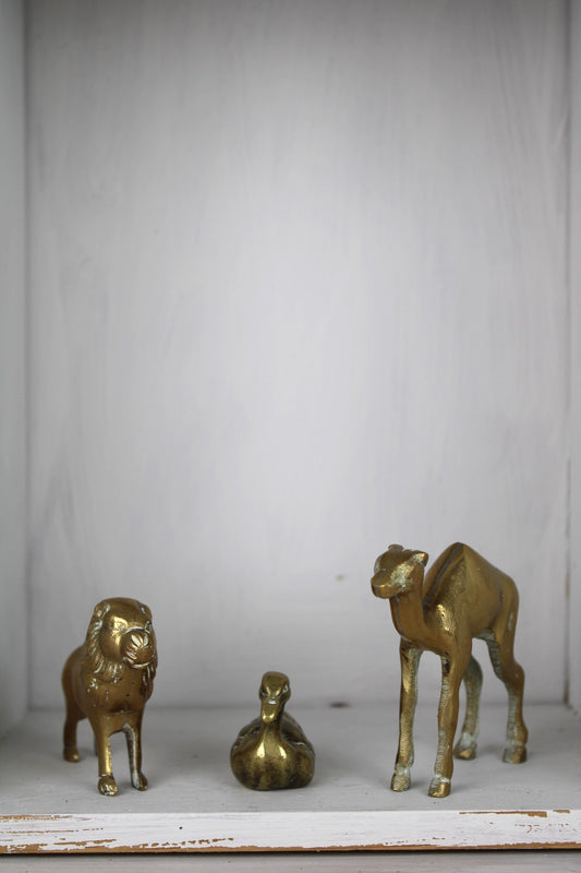 Set of 3 Brass Animal Figurines Camel, Lion and Bird