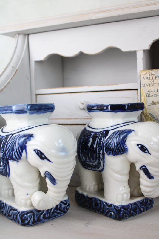 Pair of Blue and White Ceramic Elephant Plant Stands