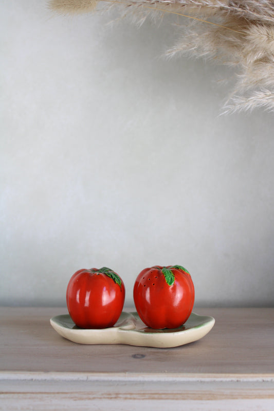 Tomato Salt and Pepper Shakers on a Leaf Plate