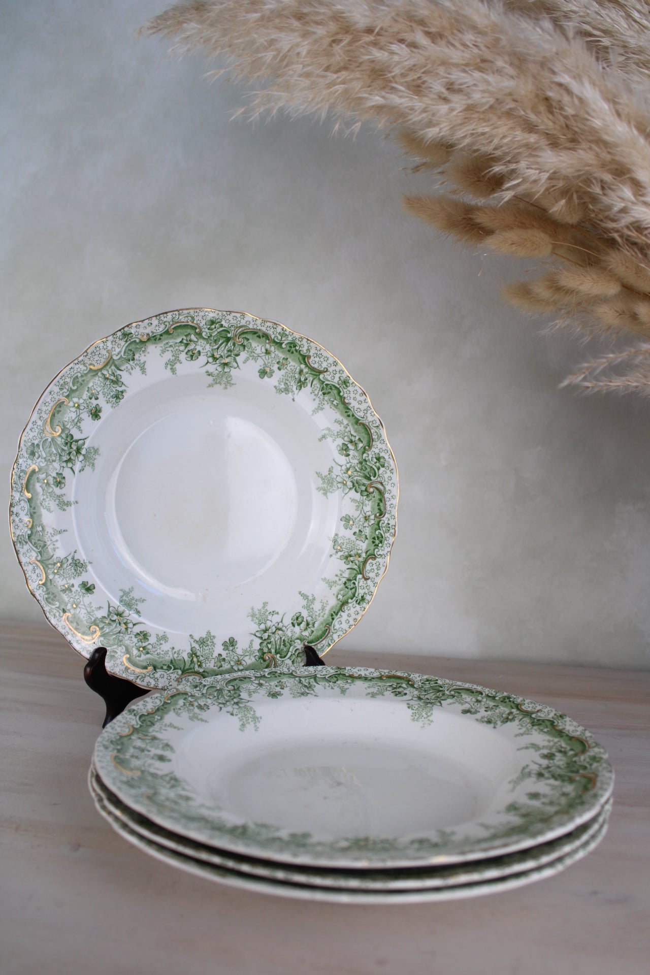 Set of 4 Waterloo Potteries Cromer Pasta Bowls in Green Leaf Design
