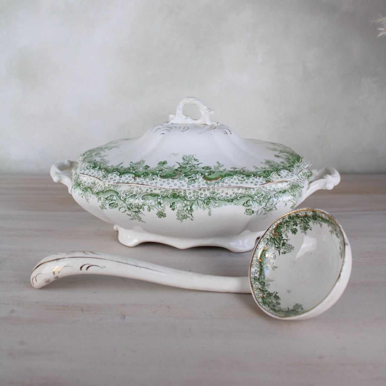 Waterloo Potteries Cromer Tureen with Serving Ladle in Green Leaf Design