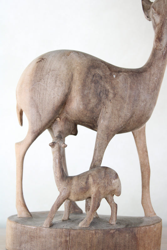 Wooden Hand Carved Gazelle Deer with Baby Figurine
